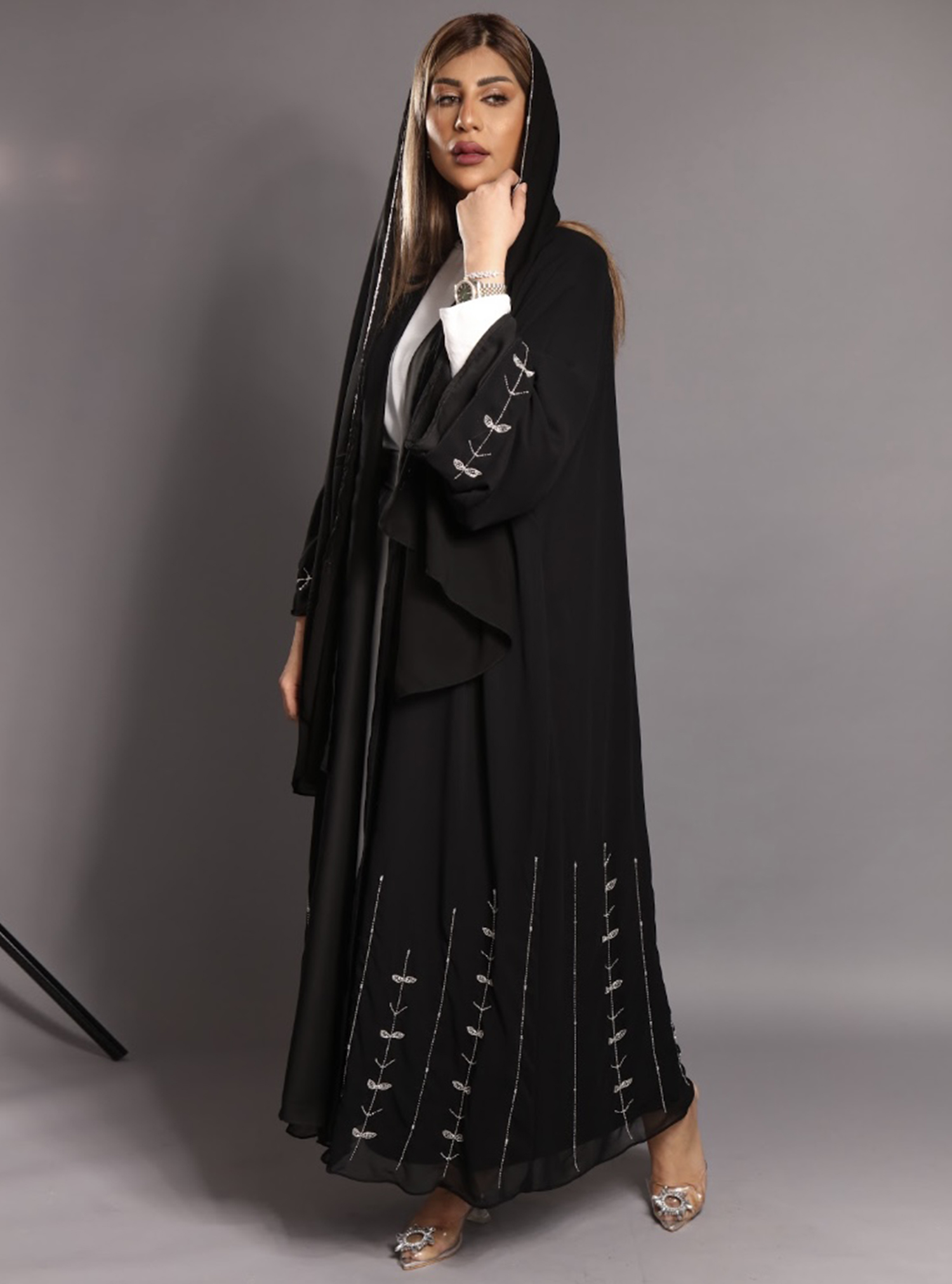 Black Beaded Black Abaya With Silver Leaf Pattern Bead Embellishments