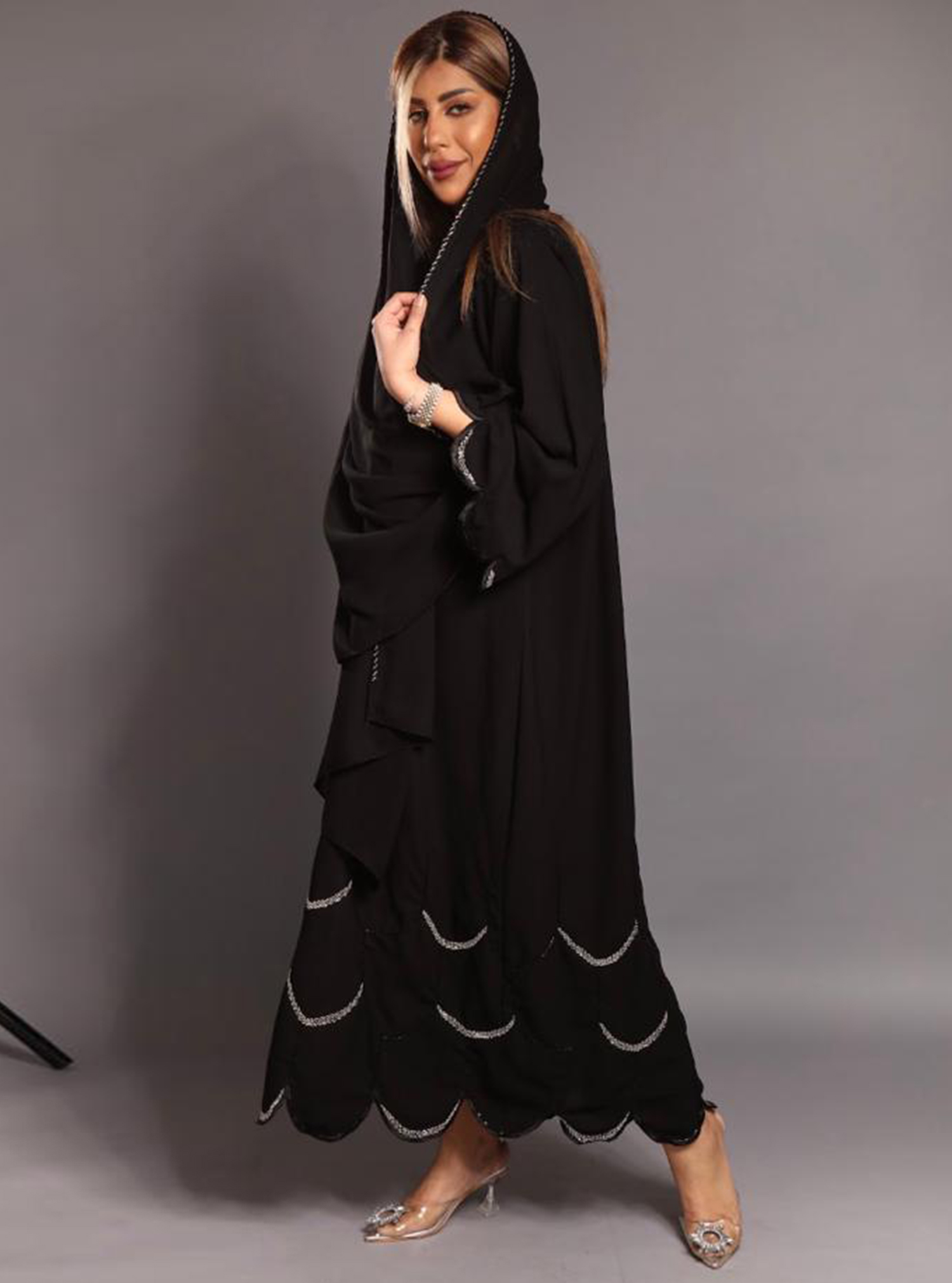 Scallop Abaya Black Abaya With Scalloped Trimmings Adorned With Embellishments Comes With A 0965