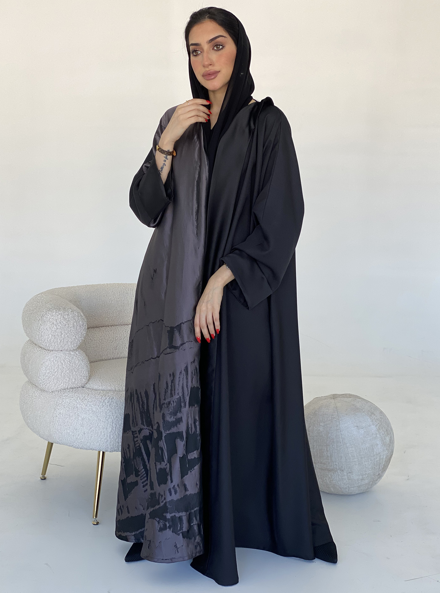 Daily abaya A half and half plain and abstract pattern abaya with inner ...