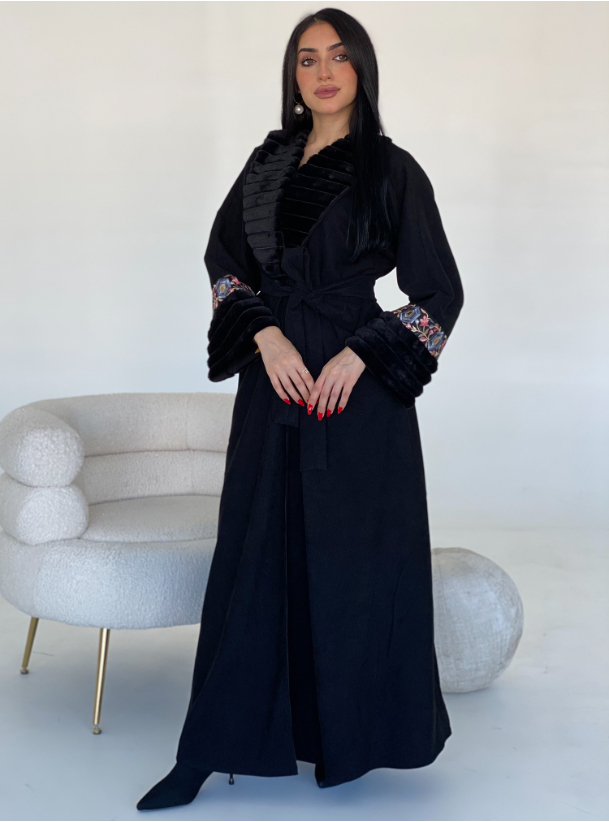 Winter abaya Black velvet abaya with puffy fur trimmings. Comes with an ...