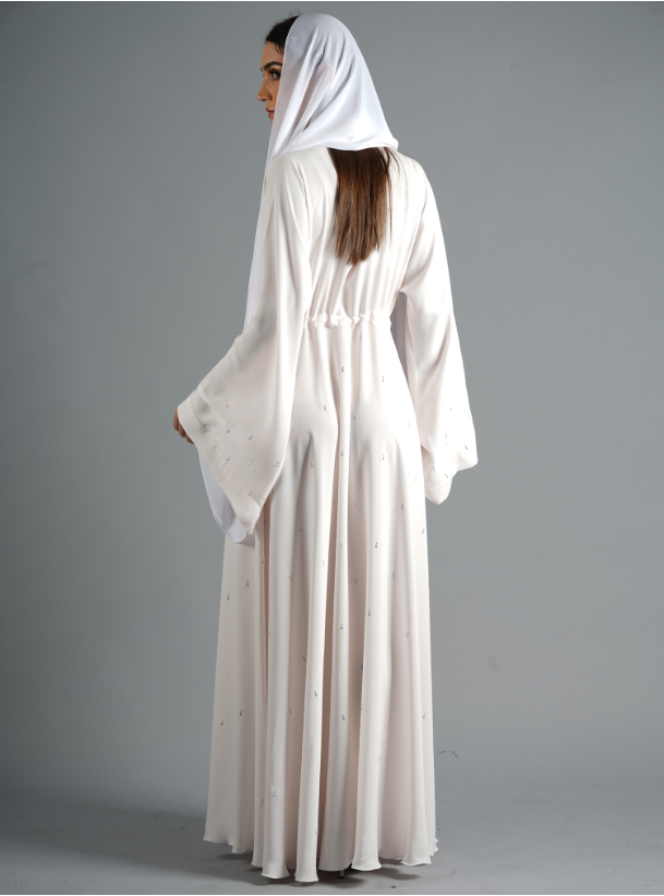 Stone Abaya Light pink abaya with adjustable drawstring belt, adorned