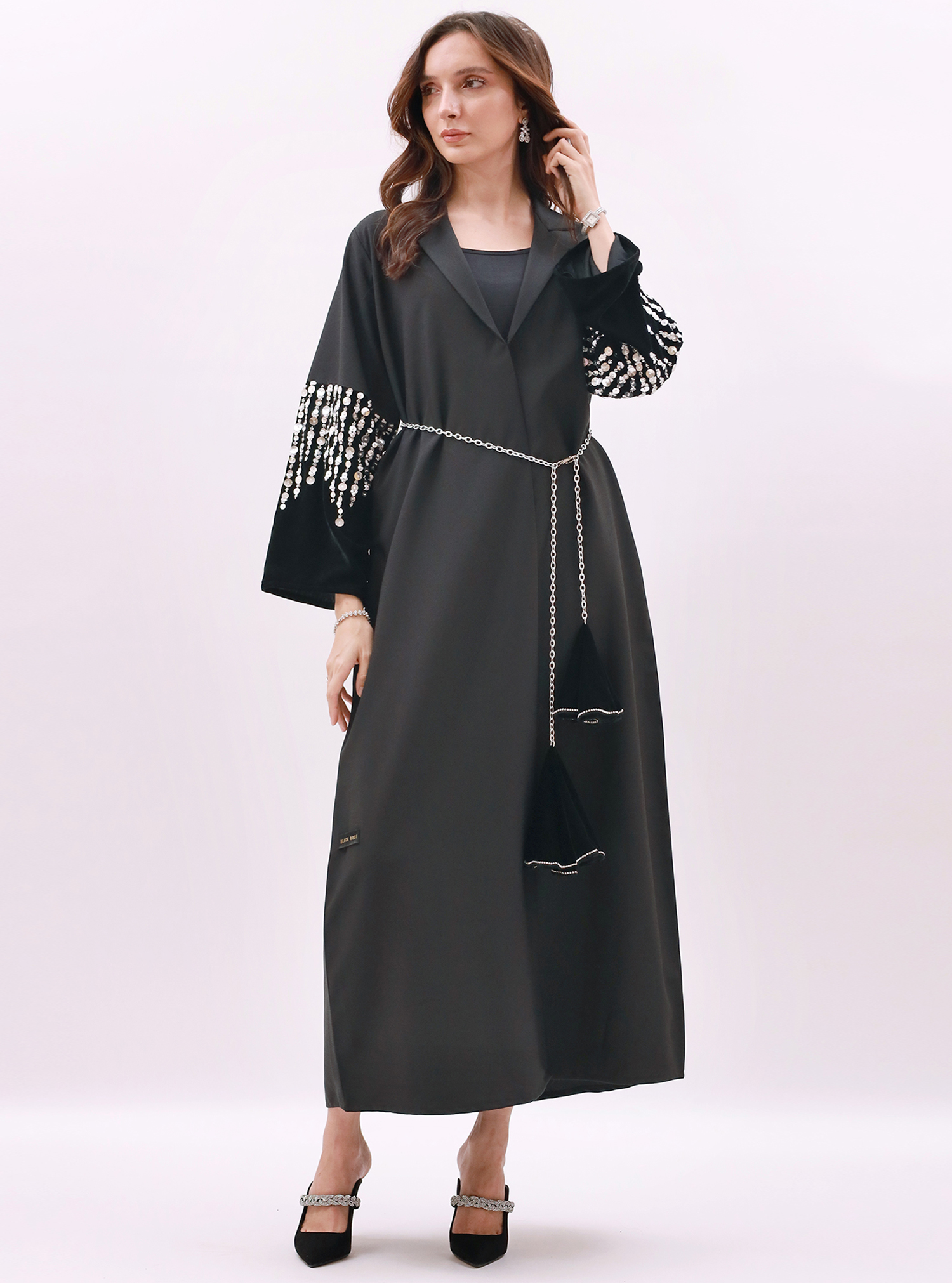 Model No- 1315 Coat style abaya made of armani satin and velvet, with ...
