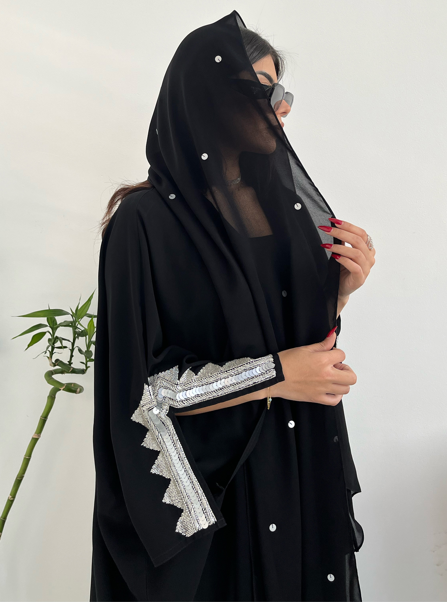 Black Abaya Black Abaya With Sleeve Slits Adorned With Silver Beads