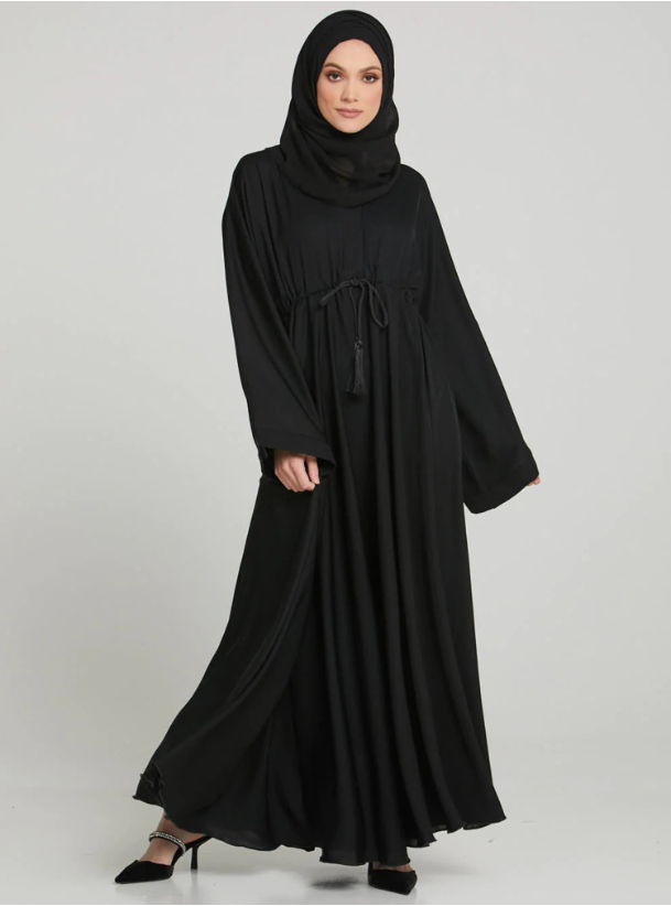 BOK06 Abaya Black flowy Abaya with drawstring belt. Comes with a