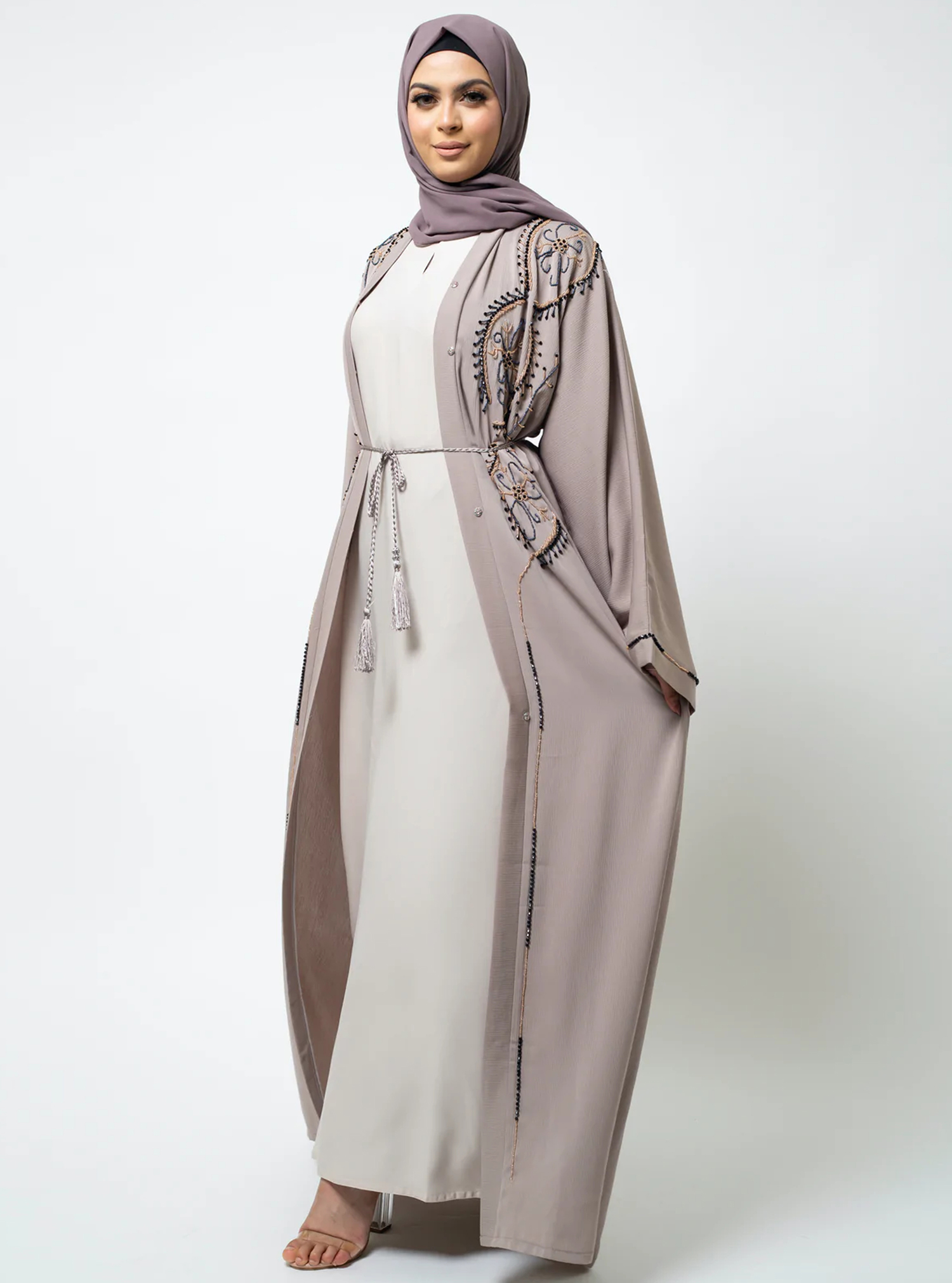 NOAS006 Abaya Ashen abaya with embellishments, comes with a headscarf ...