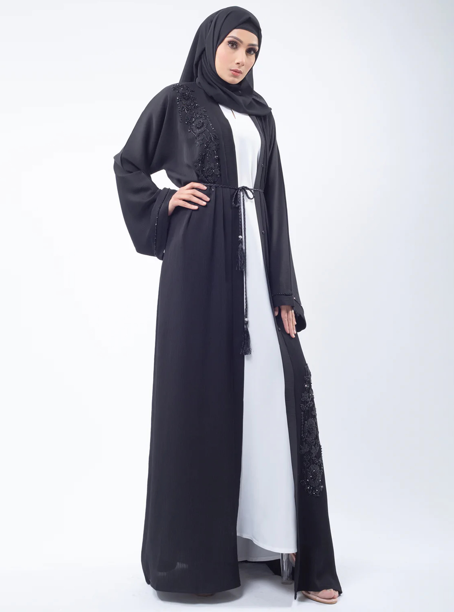 Noas009 Abaya Black Abaya With Embellishments. Comes With A Headscarf 