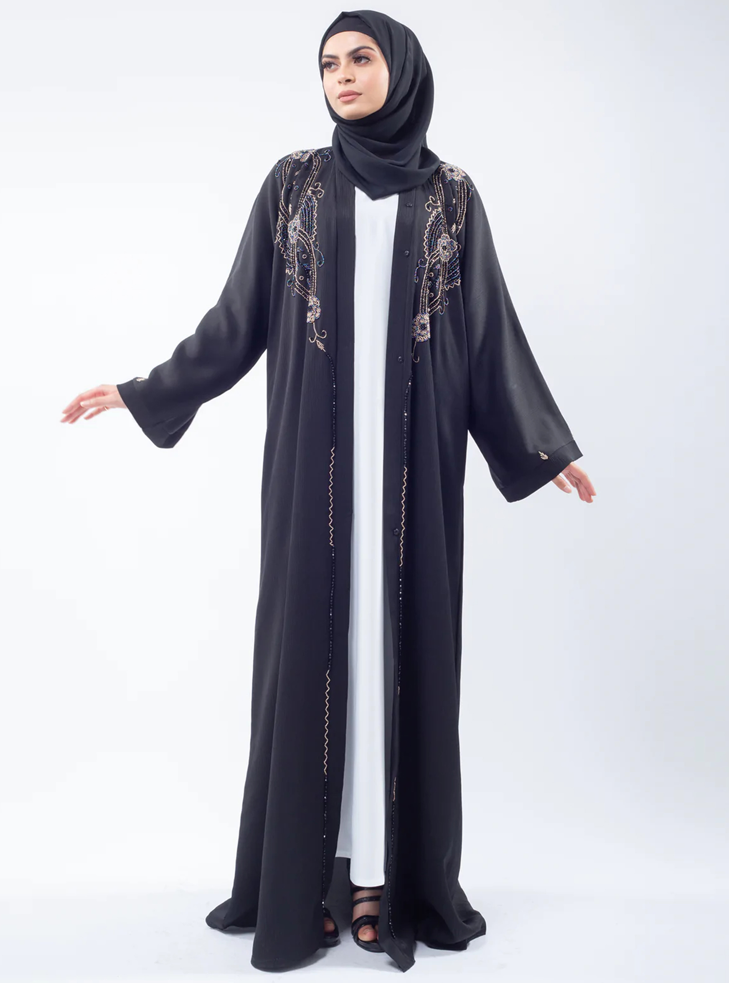 NOAS010 Abaya Black abaya with embellishments. Comes with a headscarf ...