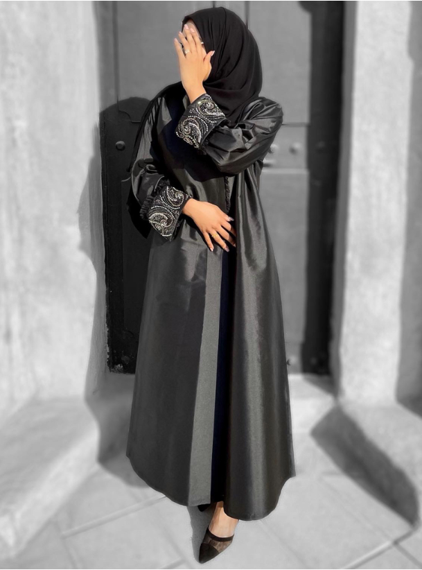 Black Abaya Black Abaya With Embellished Sleeves And Fringe Trimmings Comes With A Headscarf