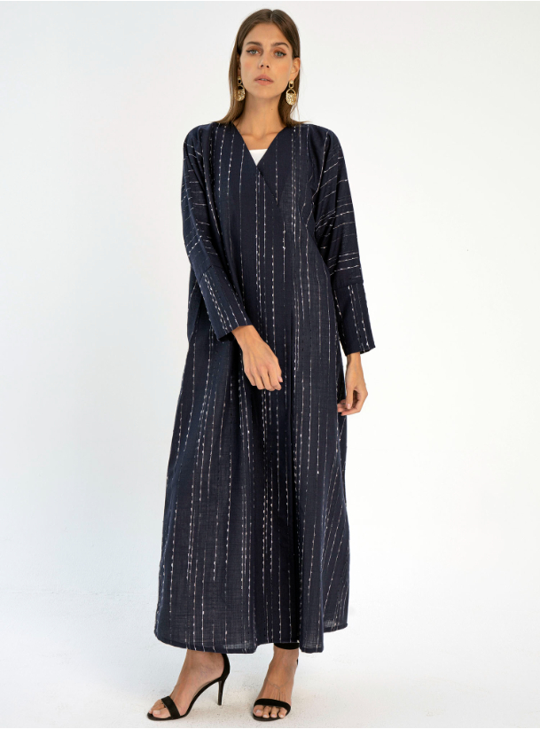 KL887BU Abaya Navy stripe linen overlap abaya with cuffed sleeves ...