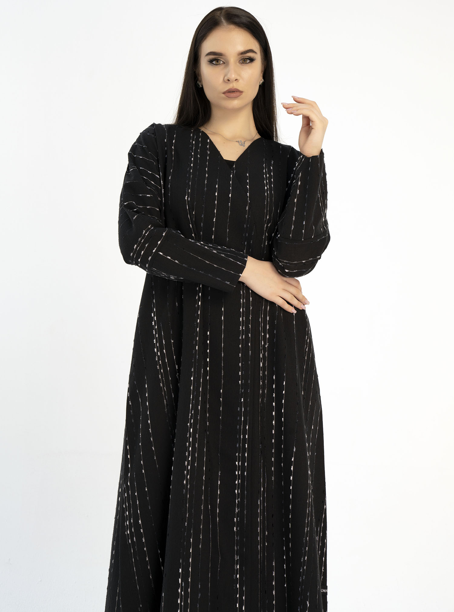 KL887BL Abaya Black stripe linen overlap abaya with cuffed sleeves ...