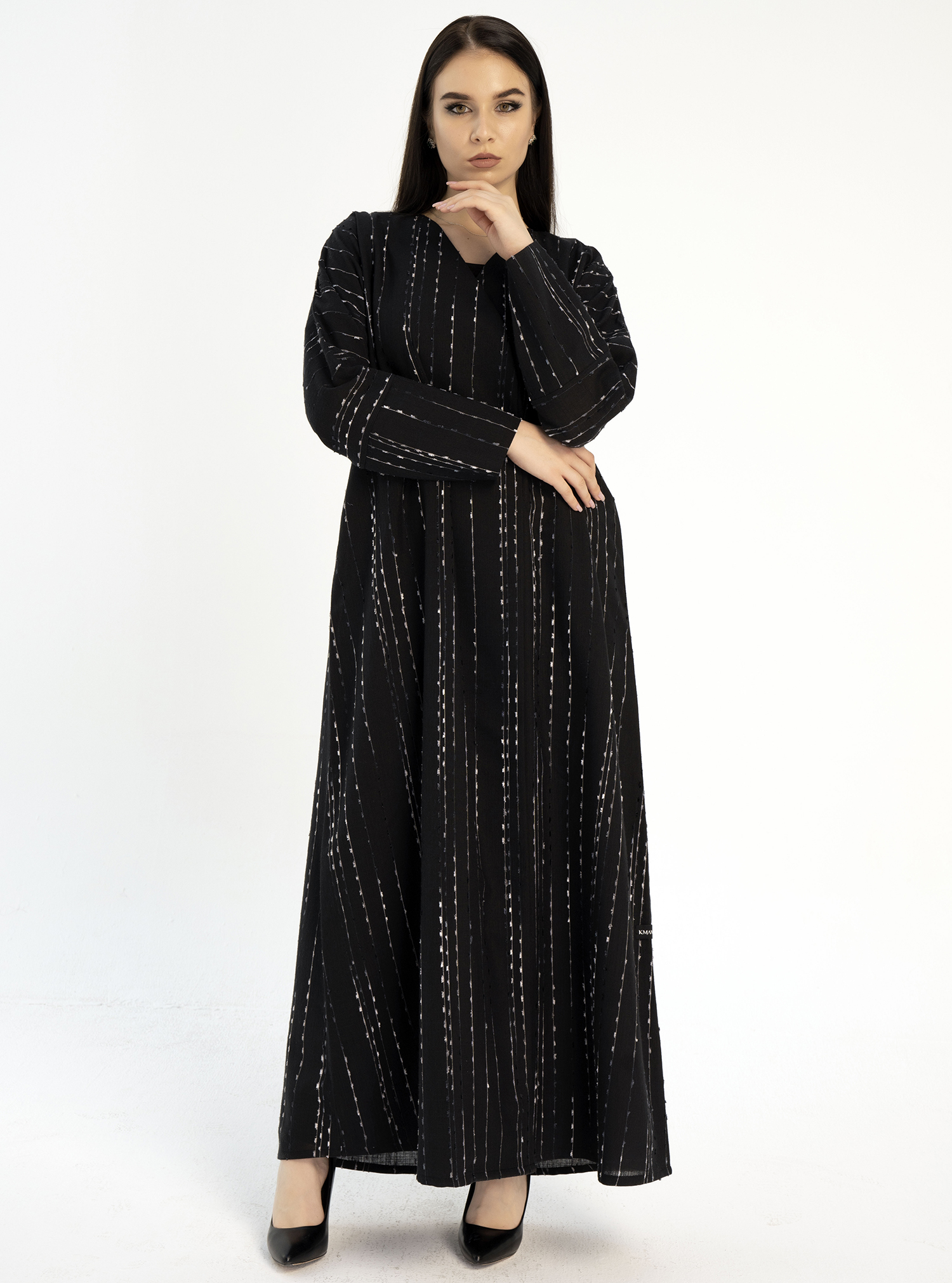 KL887BL Abaya Black stripe linen overlap abaya with cuffed sleeves ...