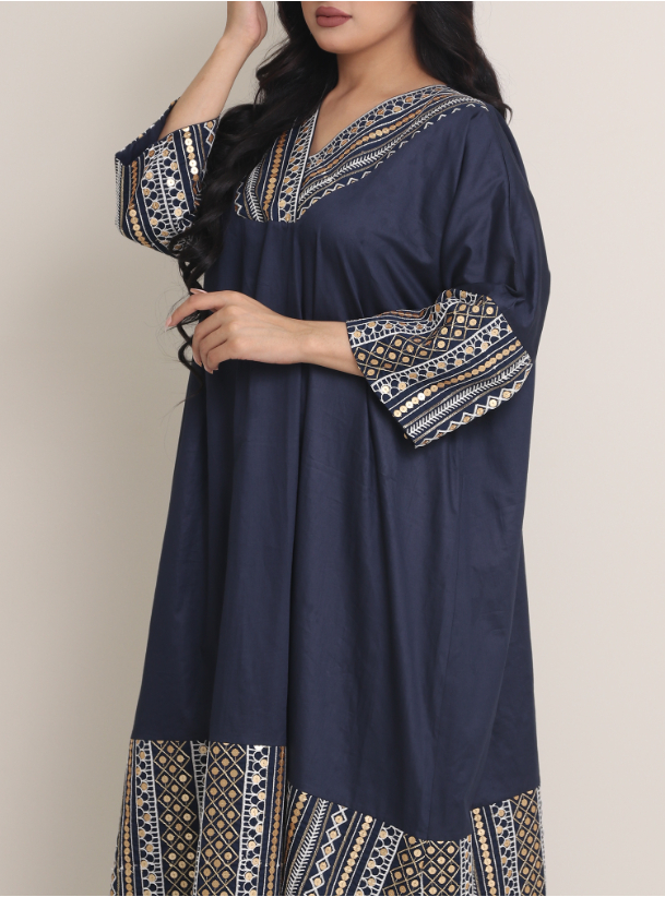 Kaftan P1M10 Navy blue cotton embroidered kaftan with sequin embellishments. Length 53 inches
