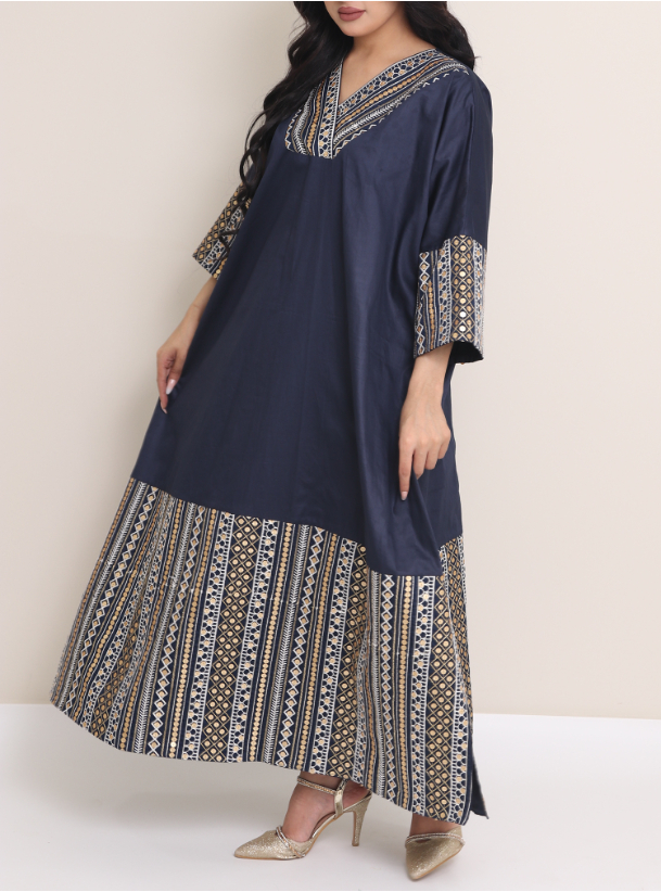 Kaftan P1M10 Navy blue cotton embroidered kaftan with sequin embellishments. Length 53 inches