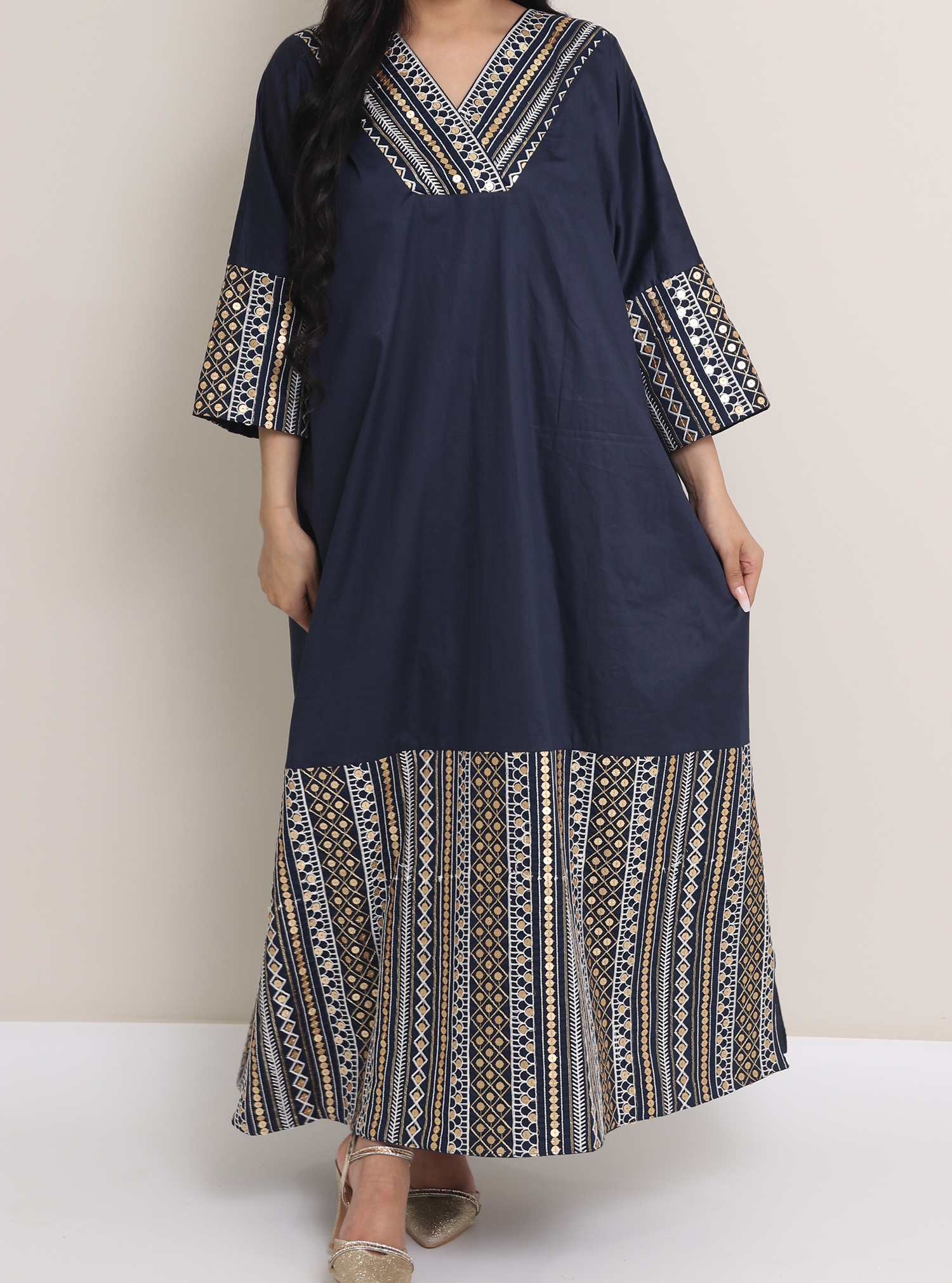 Kaftan P1M10 Navy blue cotton embroidered kaftan with sequin embellishments. Length 53 inches