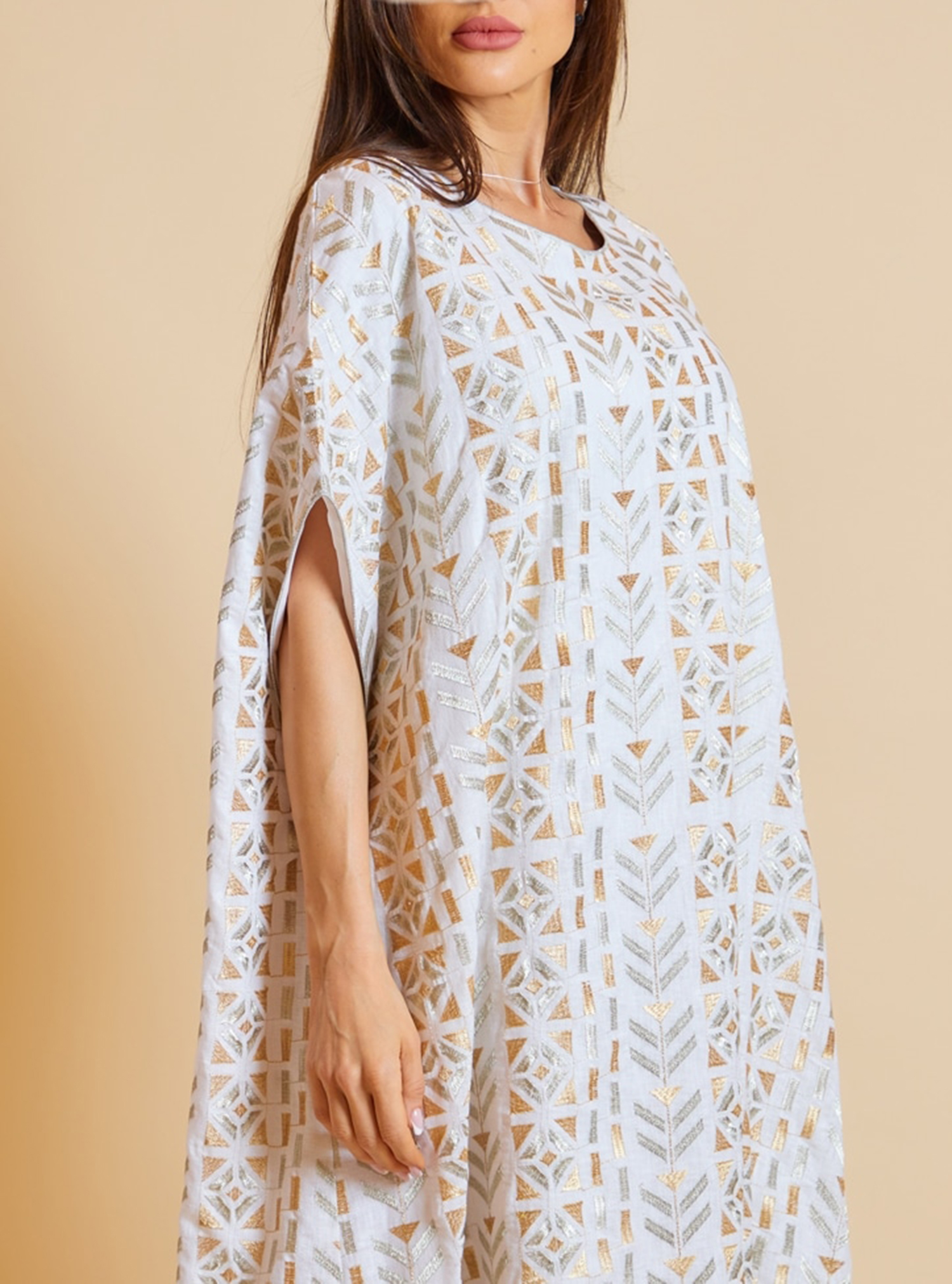 Linen Kaftan P3M9 White Linen embroidered kaftan. Length 53 inches. Kaftans from Phases