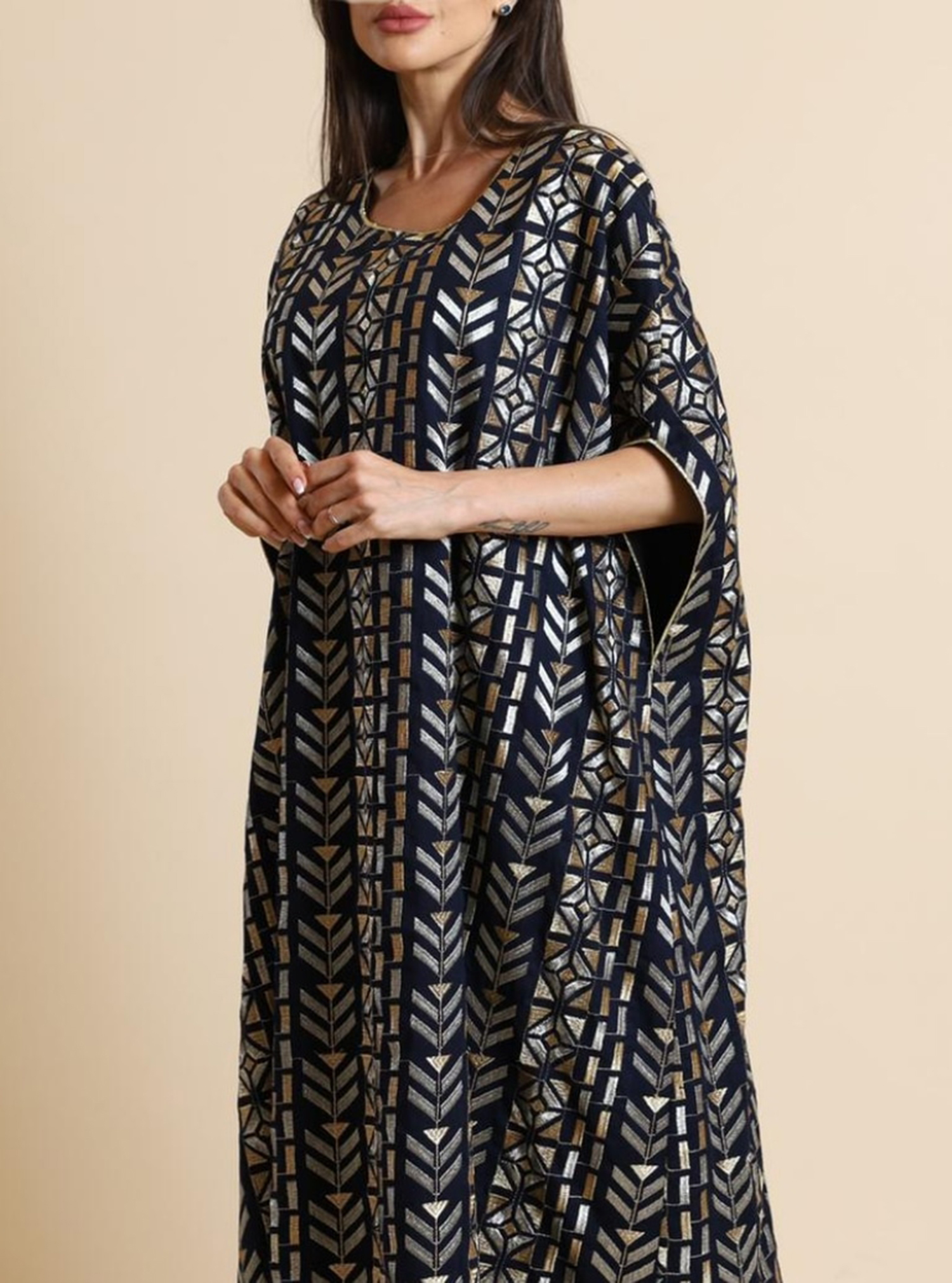 Linen Kaftan P3M10 Navy blue linen embroidered kaftan. Length 53 inches. Kaftans from Phases