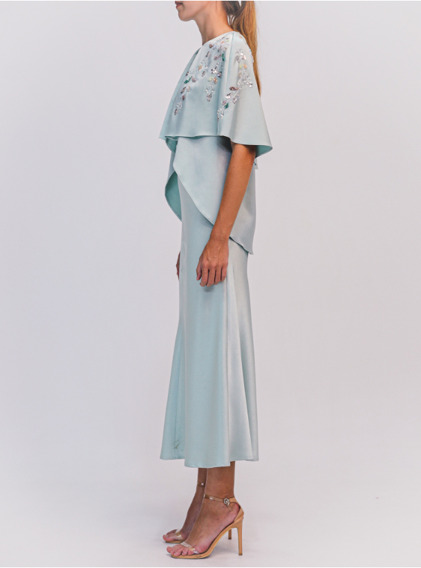 BYK22010 Dress Mint green embellished cape sleeve dress with belt
