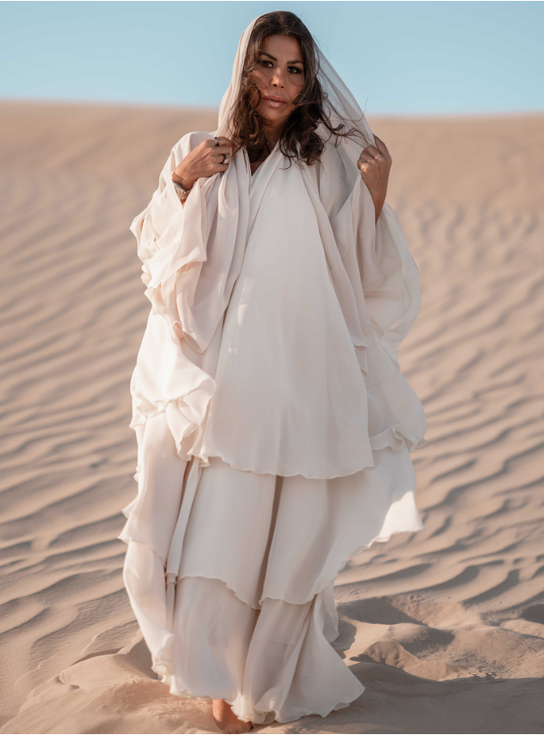 Layered Abaya Beige tiered flowy chiffon abaya with matching headscarf ...