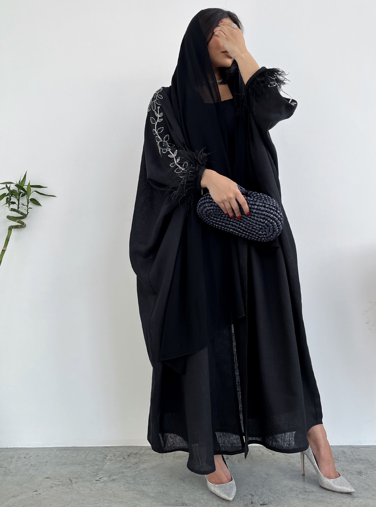 Black & Feather Black oversized abaya with embellished sleeves and ...
