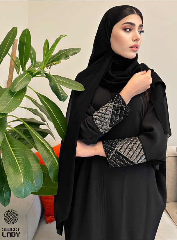 SL-BK-170 Black Bahraini abaya with embellished sleeves. Comes with a ...