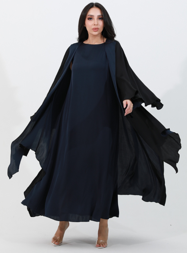 Abaya Set 3-piece set featuring a black abaya with cape sleeves, a ...