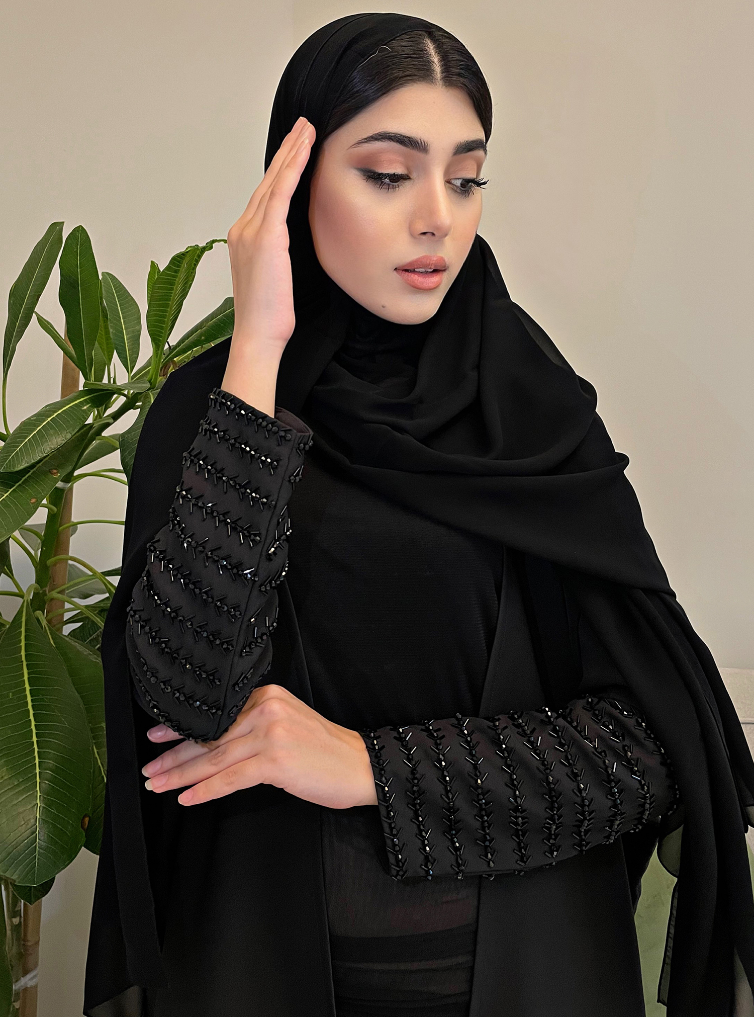 SL-BK-172 Abaya Black Bahraini abaya with embellished sleeves. Comes ...