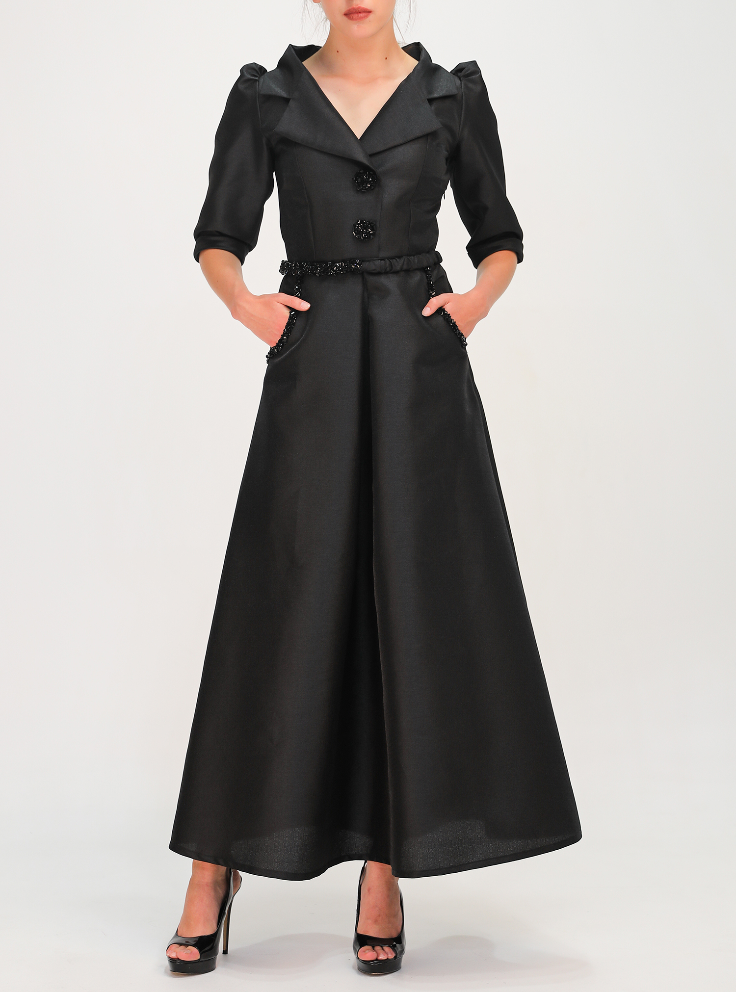 BYK22001 Black Black dress featuring big collars, puffed sleeves and