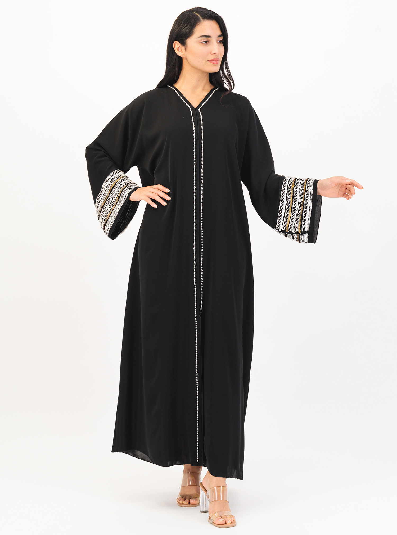 AS 003 Abaya Black Abaya with white and gold sequins embellishment ...