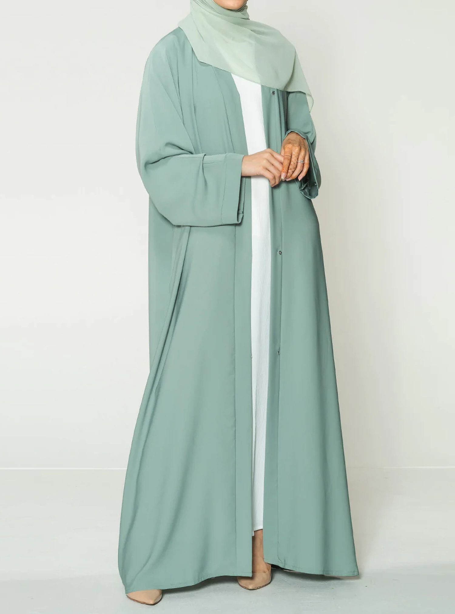 NOAS041 Abaya Light teal open Abaya with Inner dress. Comes with a