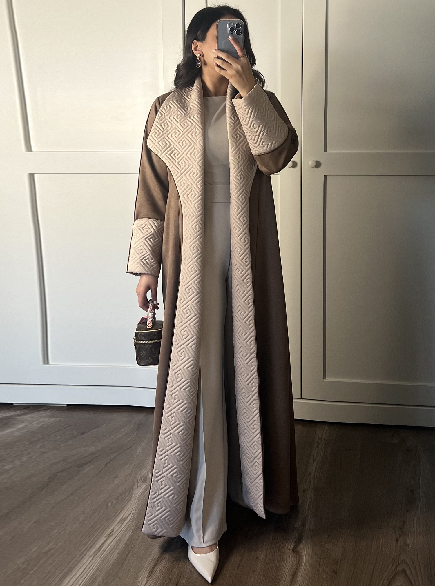 Winter Abaya Camel shamwah abaya featuring quilted details on