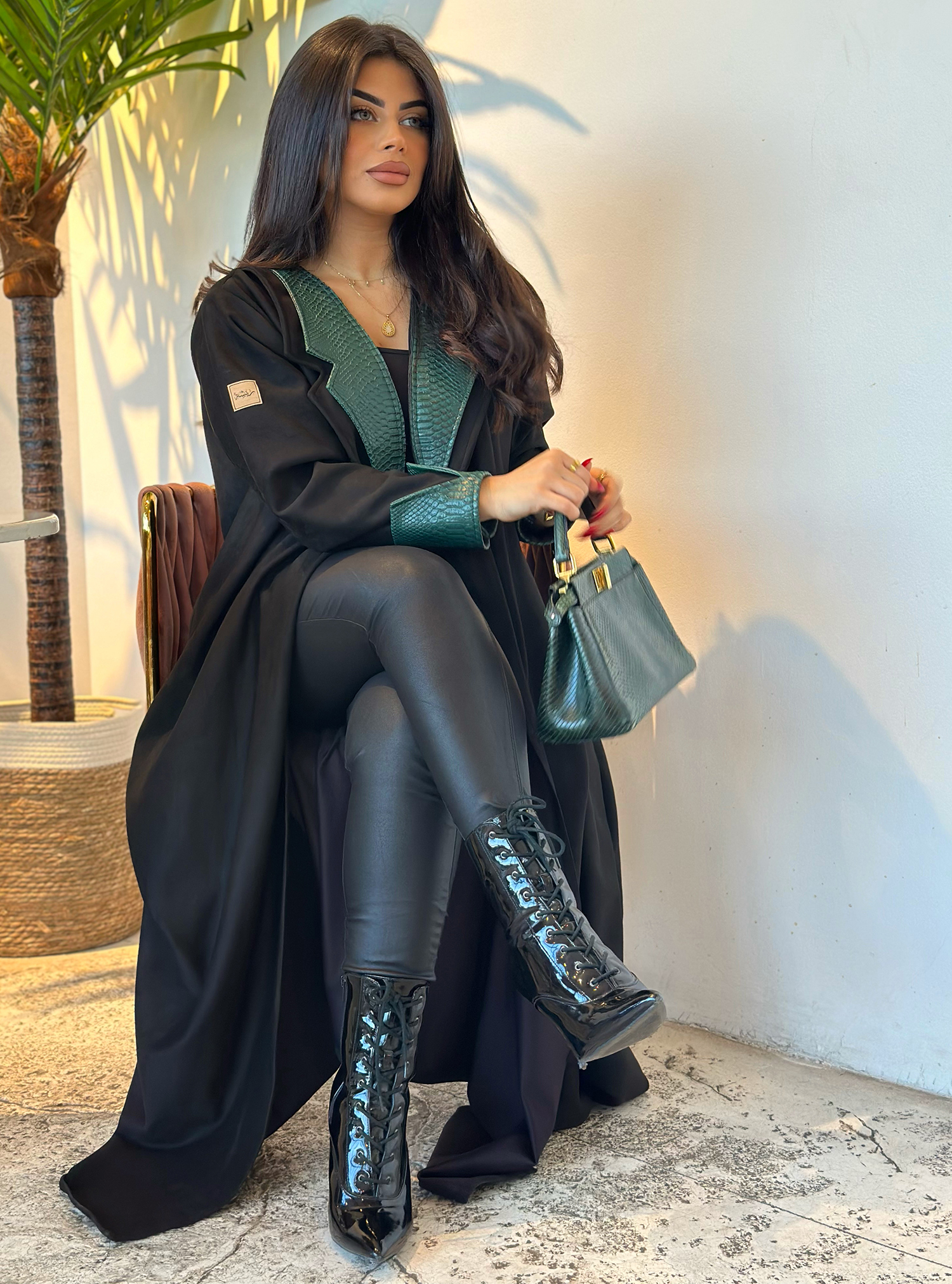 Coat Abaya Black winter abaya with green leather trimmings. Comes with ...