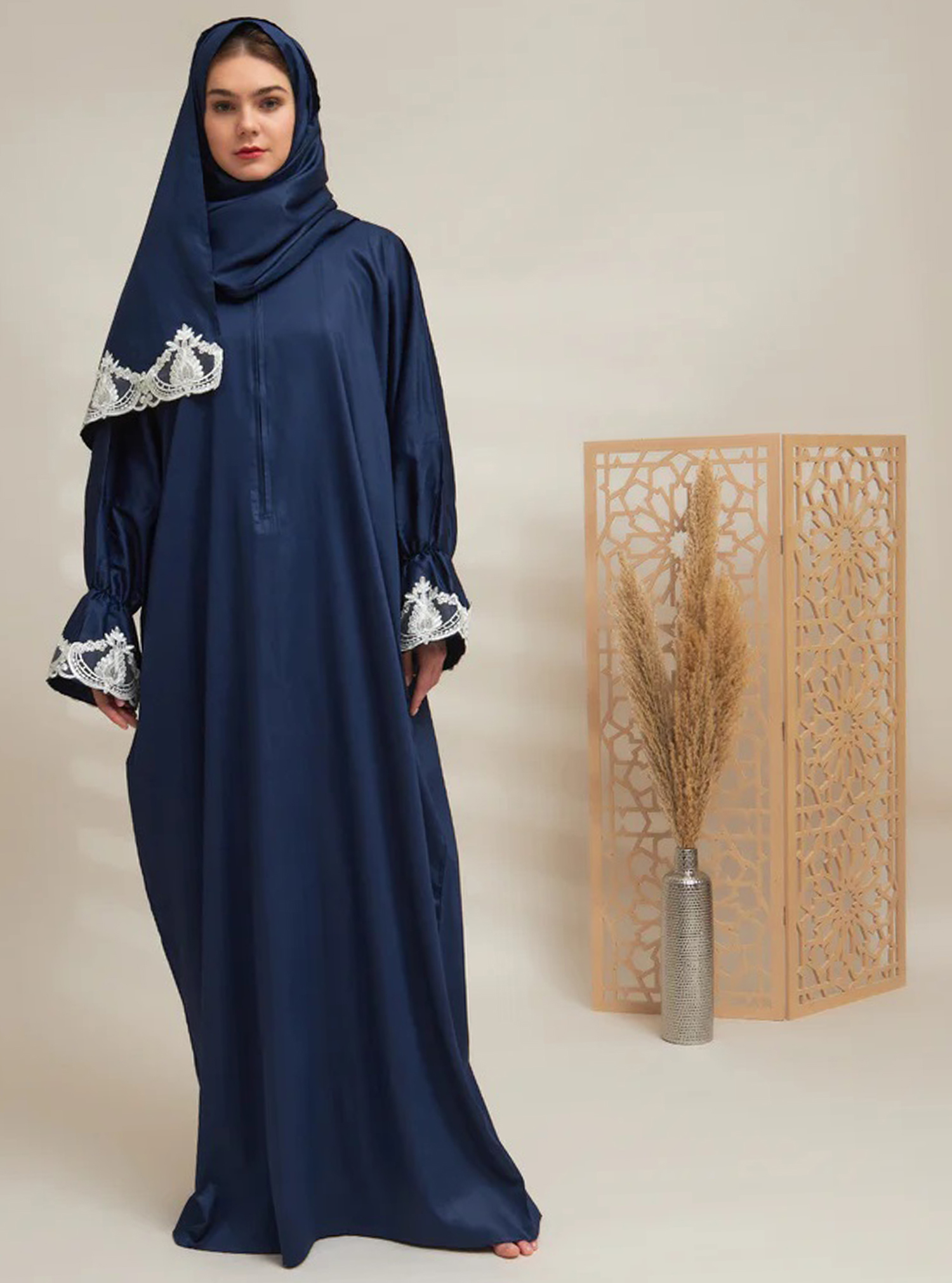 Sukoon Dress Navy prayer dress with attached headscarf, adorned with ...