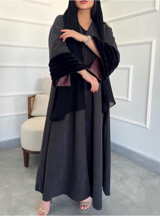 Winter abaya Chic black chamois abaya with fur and leather detailing ...