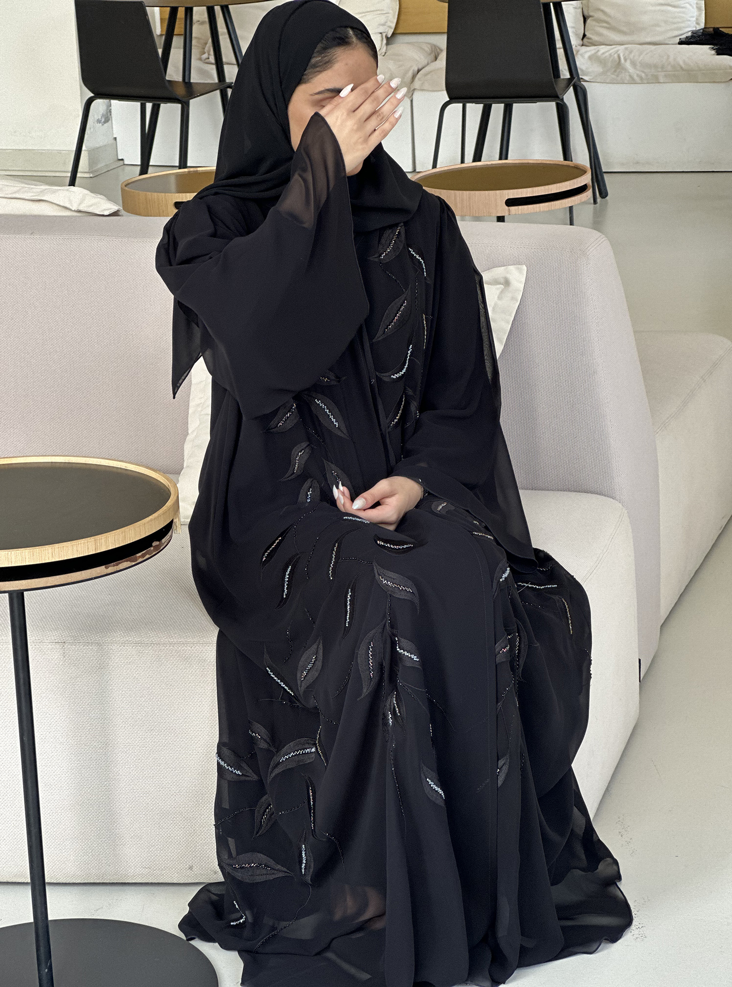 Chiffon Abaya Flowy black chiffon abaya with intricate layers. Abayas from  Reeshah Collection at Boksha