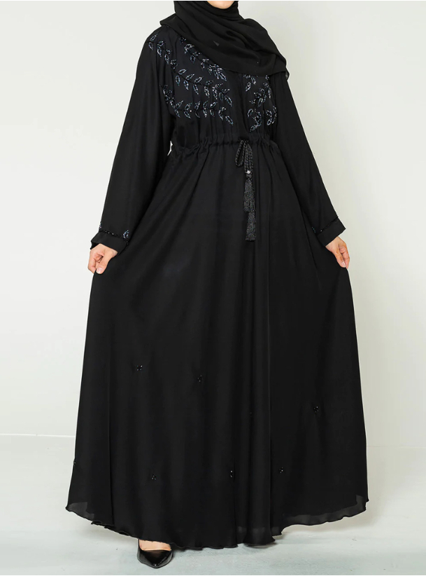 NOAS028 Abaya Black abaya with adjustable drawstring waist, with