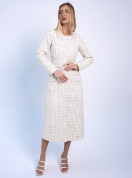 knee length dresses for ladies Rosee de Matin Tweed High-Neck Mini Dress in White