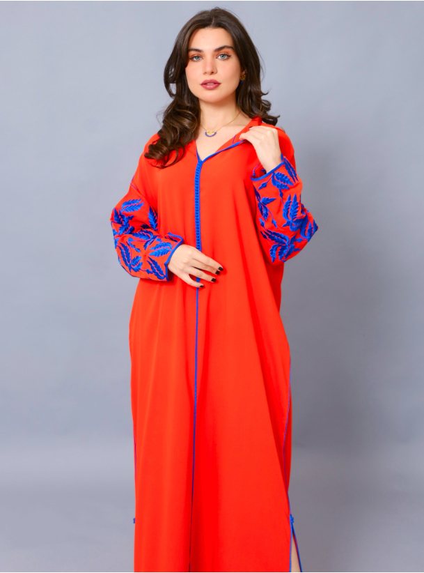 Rc23: 02 Orange And Blue Moroccan Jalabiya With Embroidery. Kaftans 