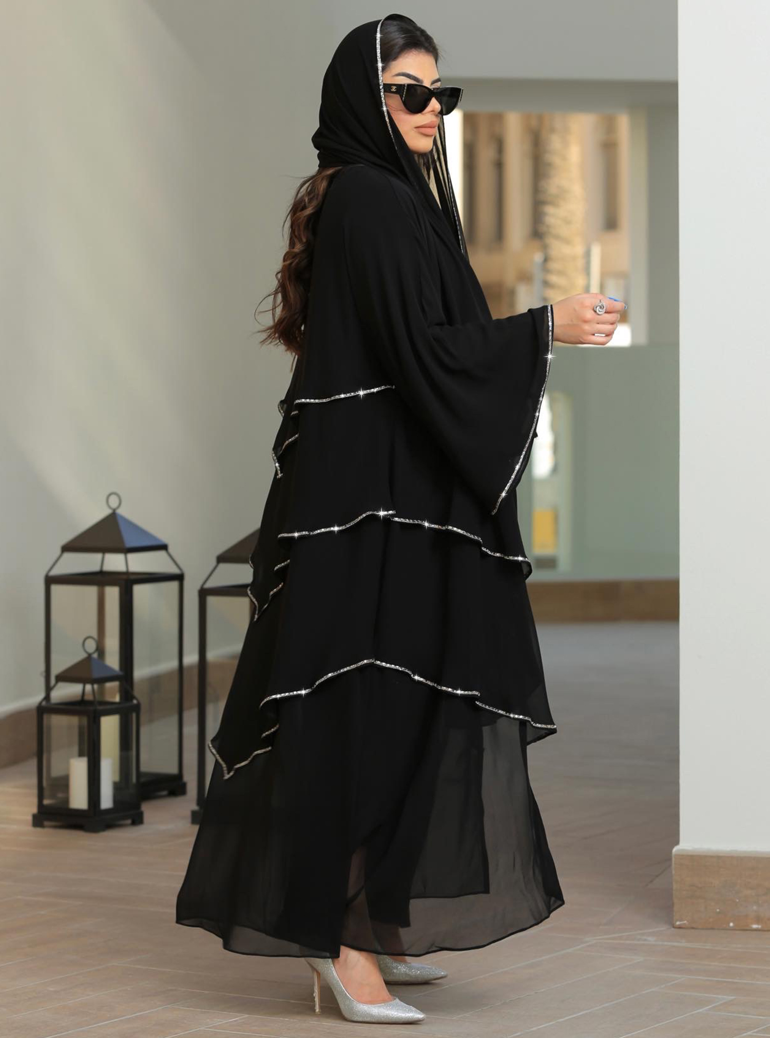 Chiffon Abaya Flowy black chiffon abaya with intricate layers. Abayas from  Reeshah Collection at Boksha