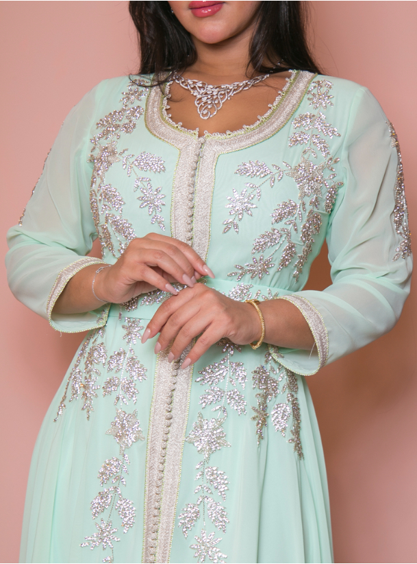 Mint Kaftan Mint green Moroccan kaftan with silver embellishments ...