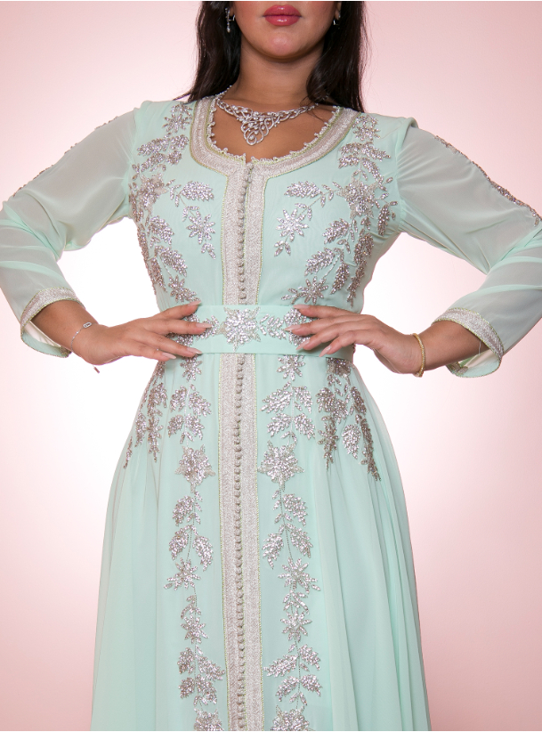 Mint Kaftan Mint green Moroccan kaftan with silver embellishments ...