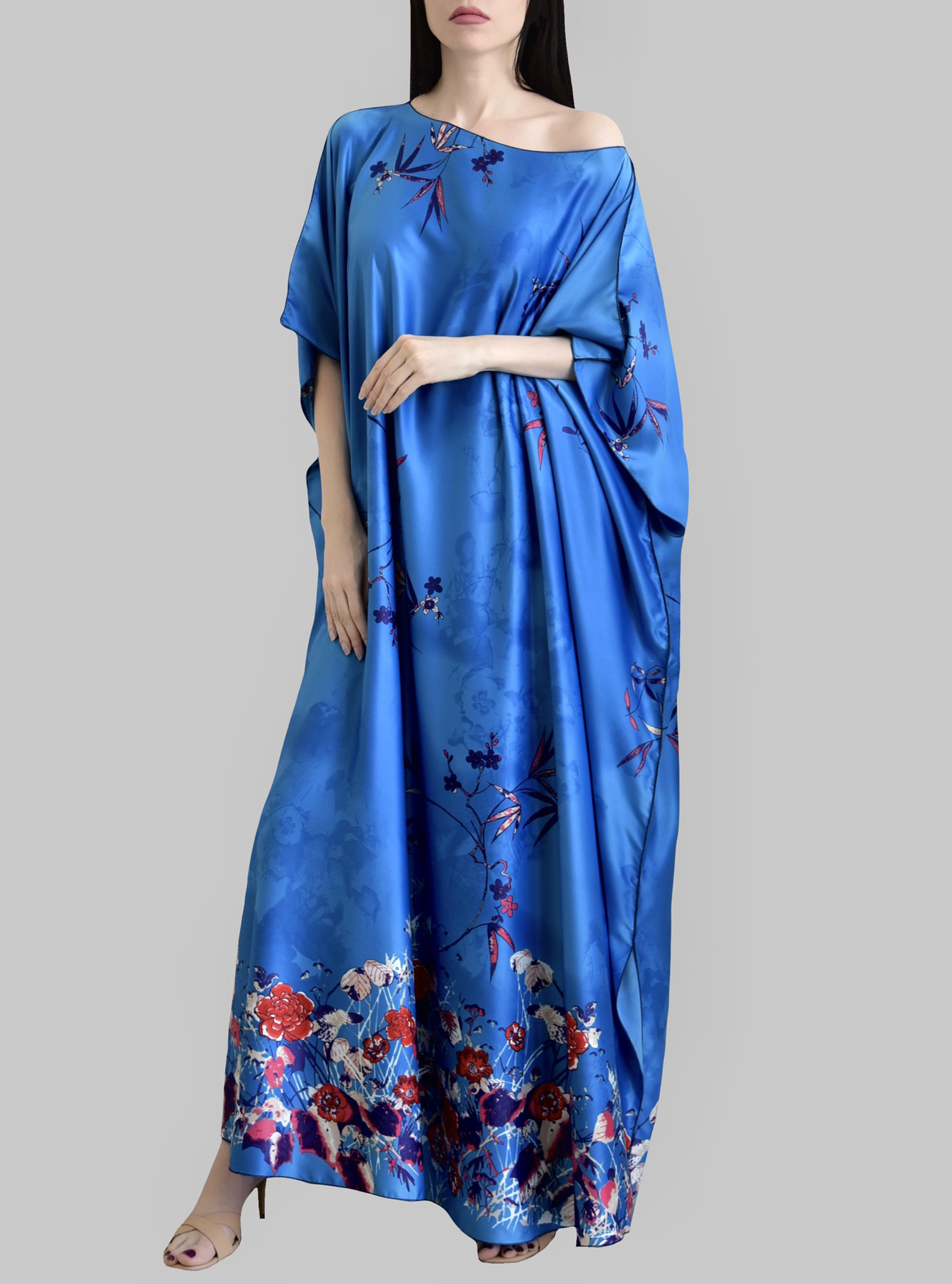 Blue silk Blue silk flower print kaftan with boat neck and side slits