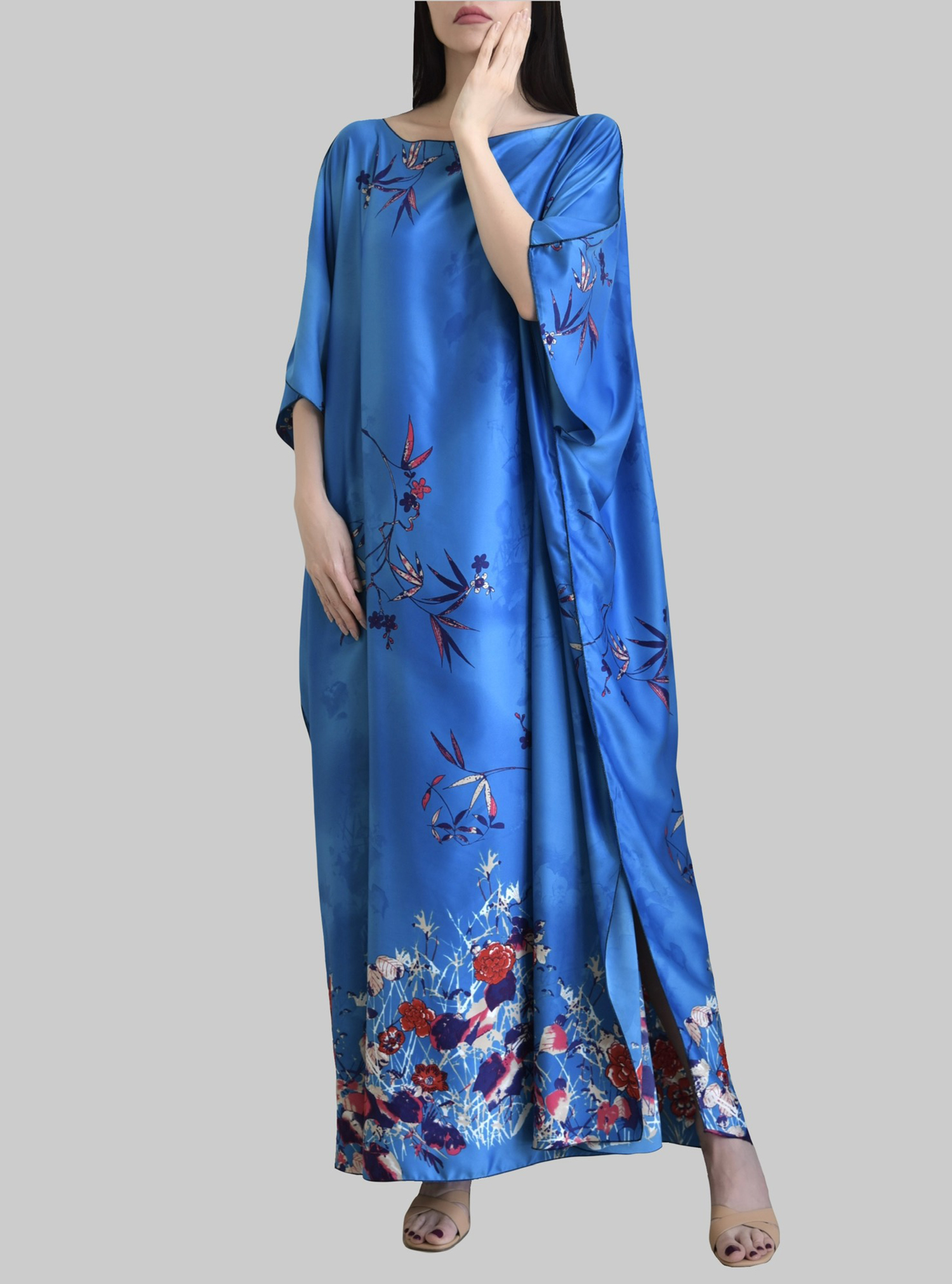 Blue silk Blue silk flower print kaftan with boat neck and side slits
