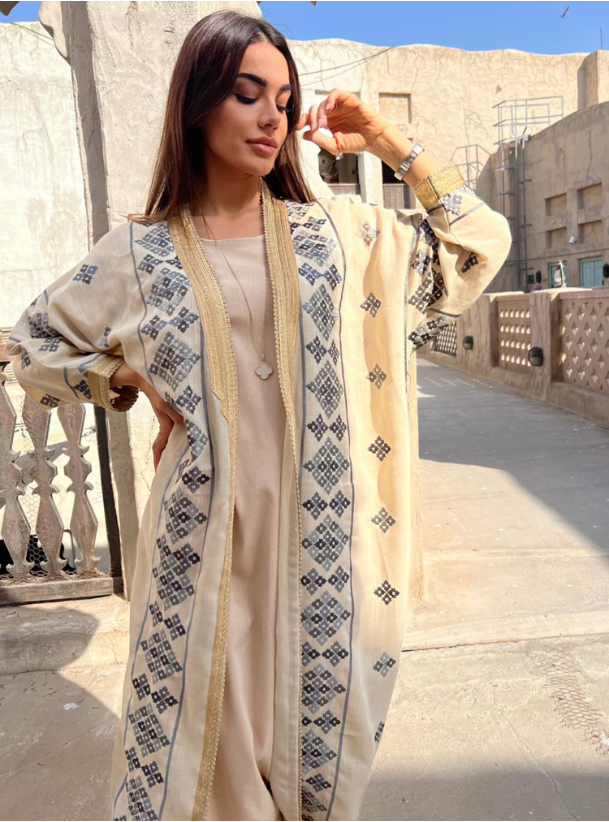 Amina Beige Beige fine linen embroidered abaya with golden trimmings ...