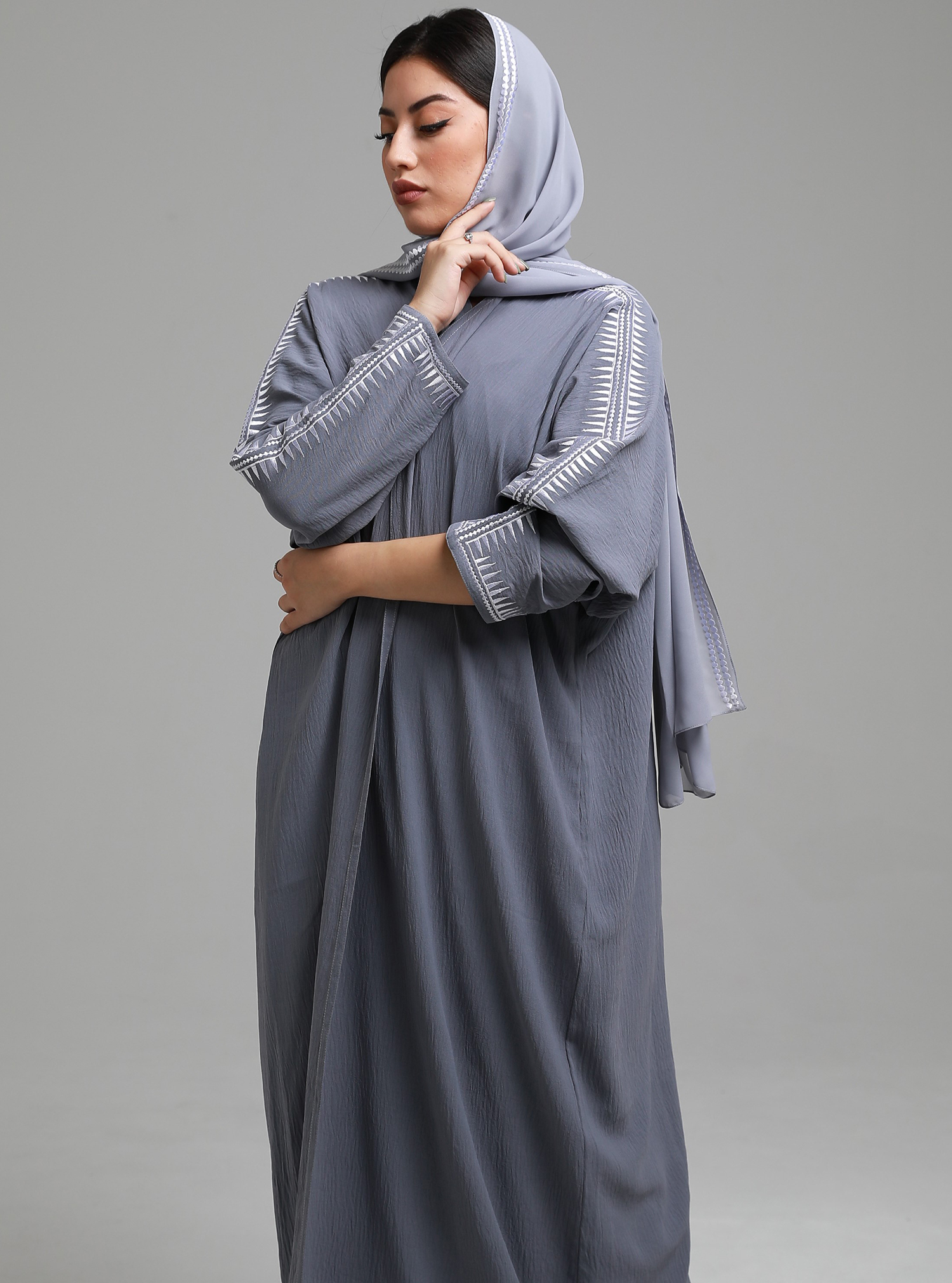 Al Fatina Grey Grey bisht styled open abaya with white embroidery ...