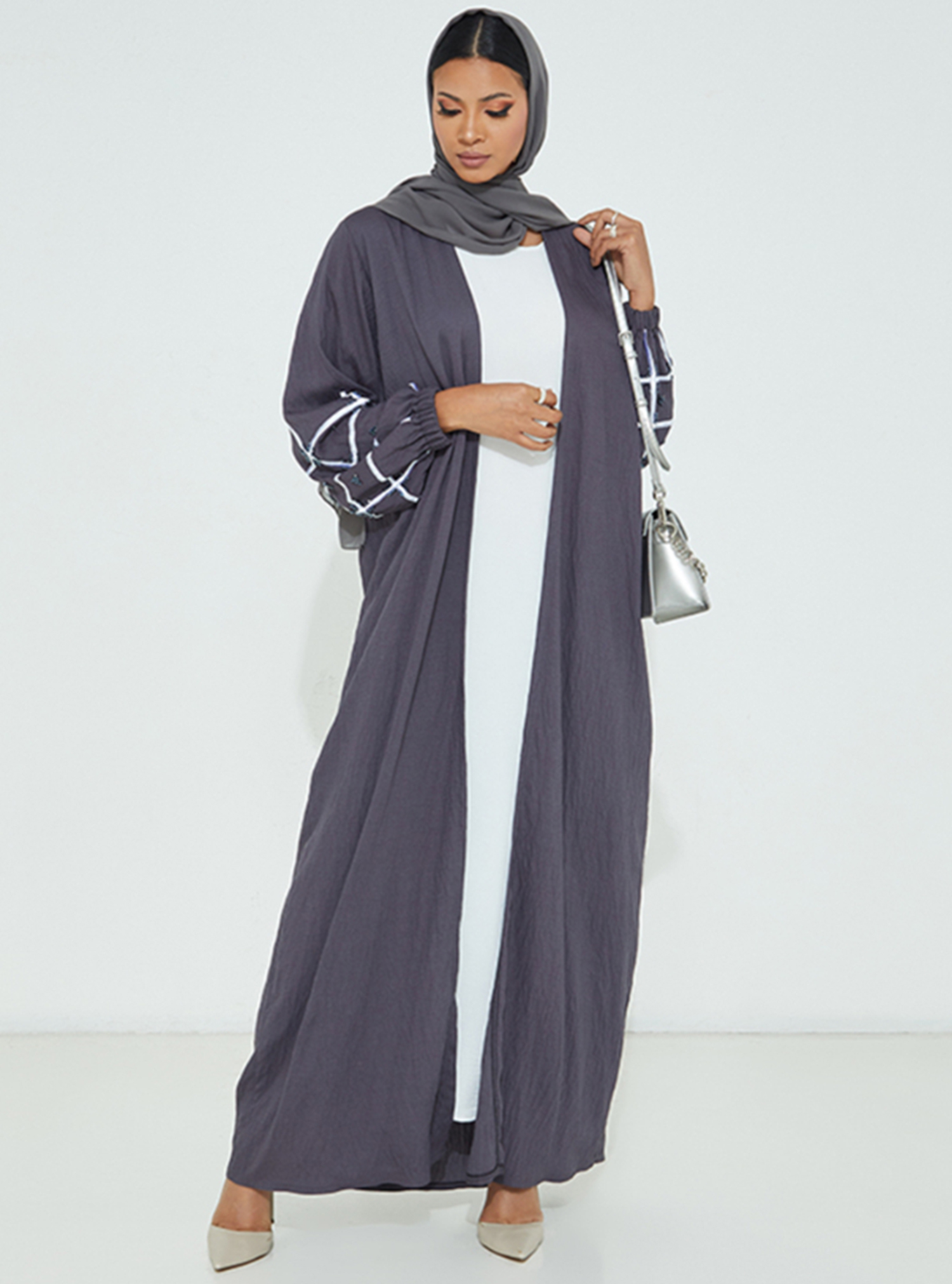 Mid Abaya 331 Casual grey abaya with embellished bubble sleeves. Comes ...