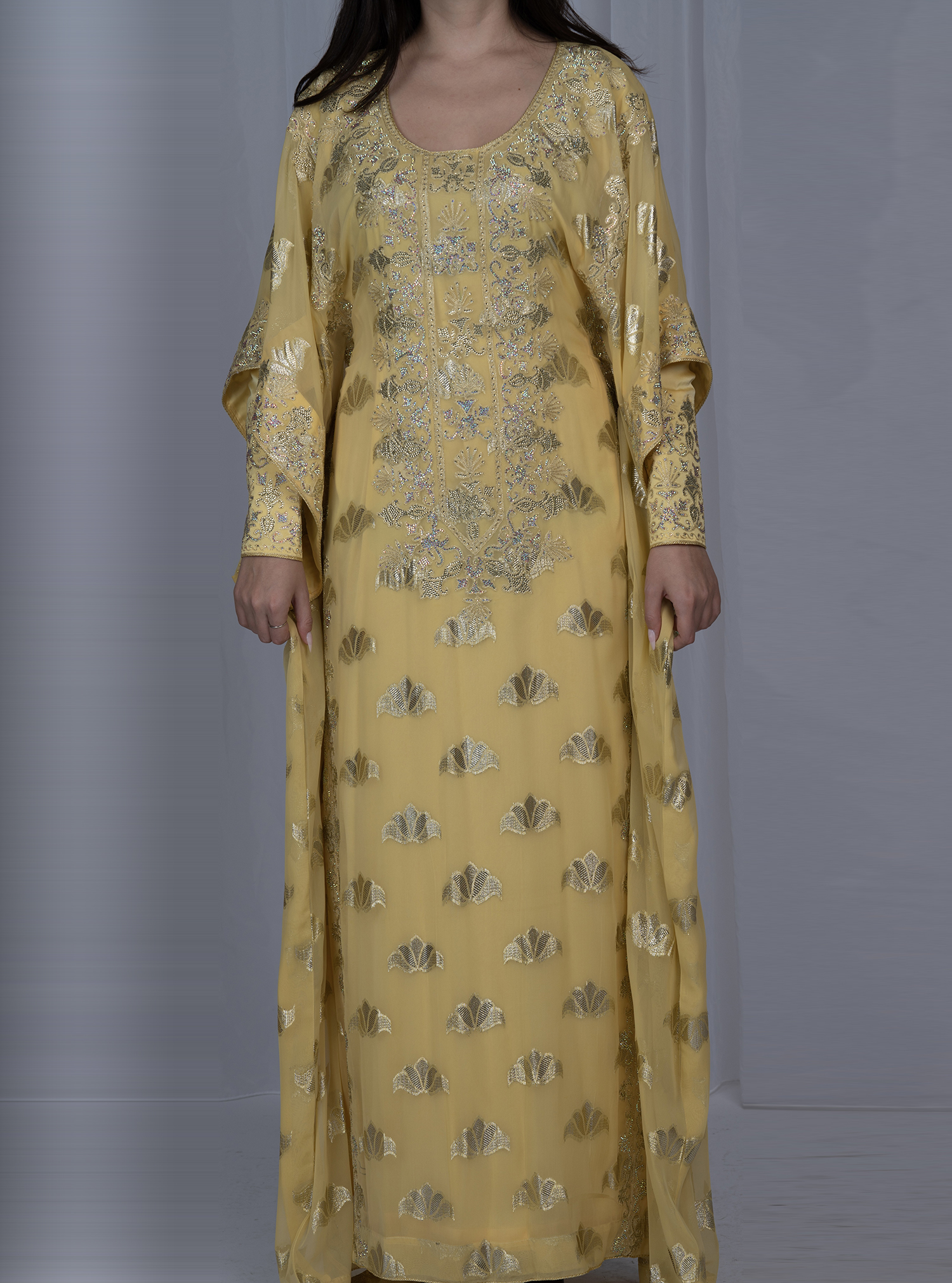 Beaded Kaftan Yellow embellished patterned kaftan with layered cape