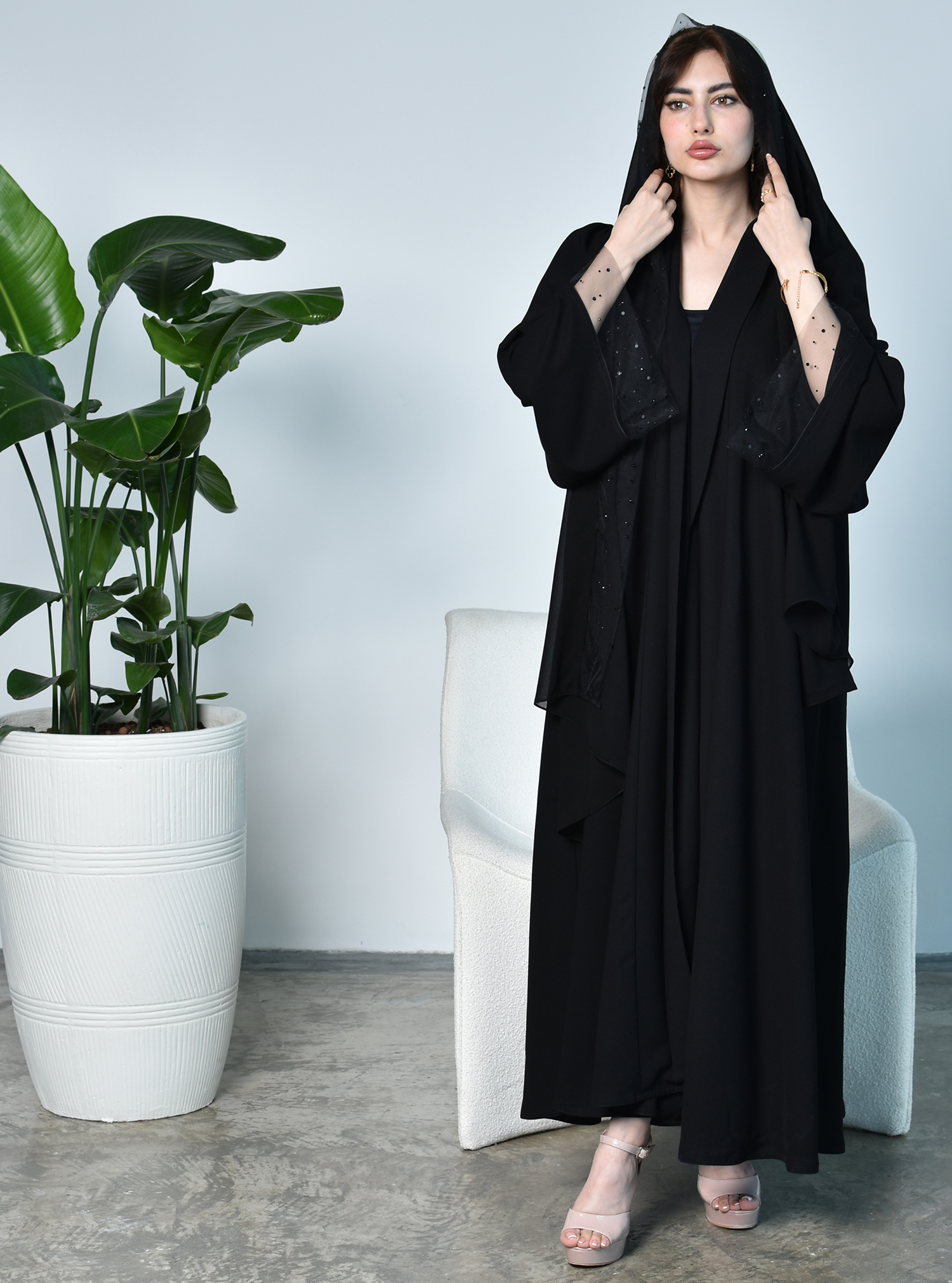 M16 Abaya Black Abaya With Embellished Tulle Trimmings. Comes With A 