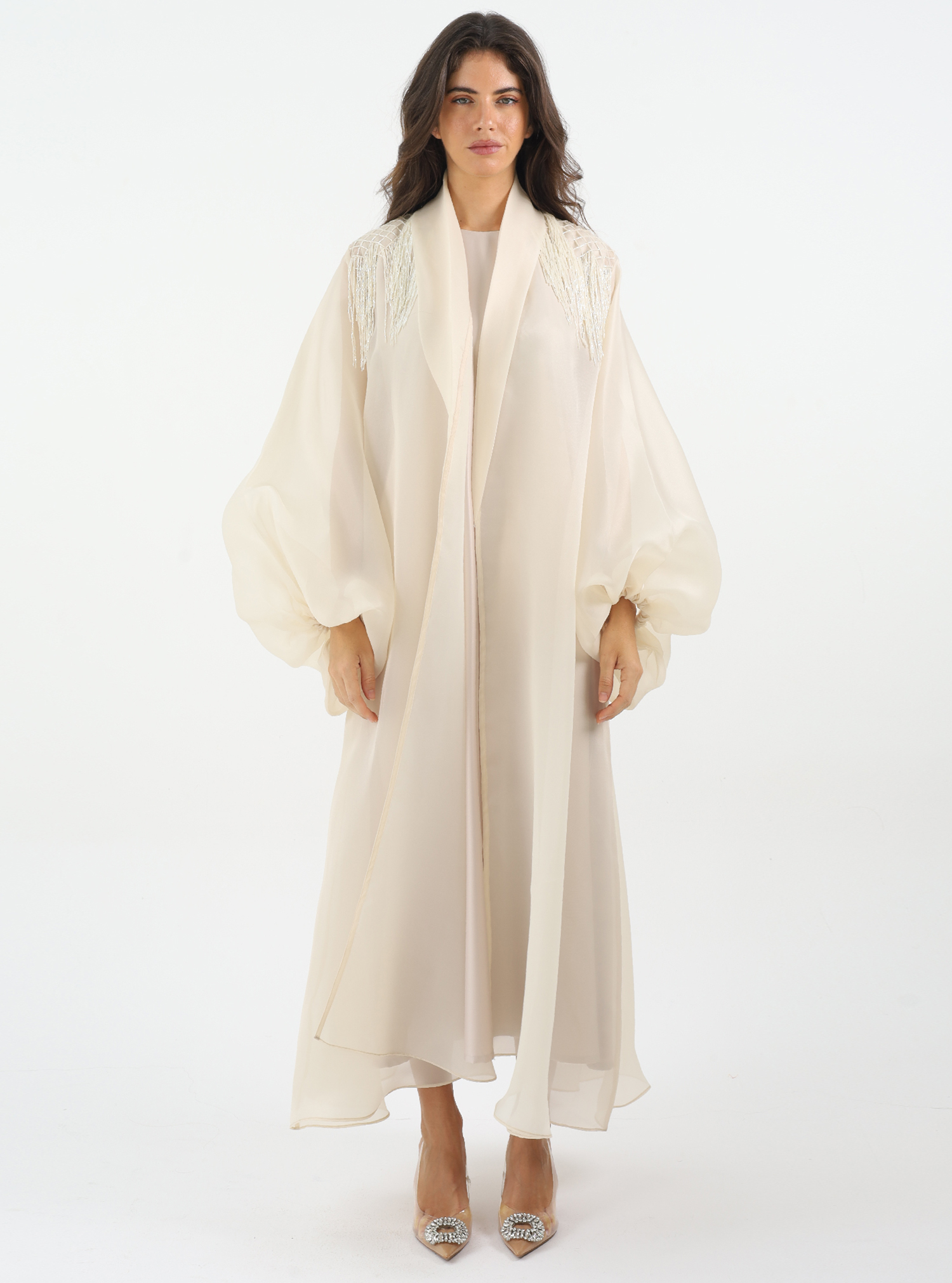 Premium Aurora Jewel Open Abaya with Organza Detail - Black main image 0