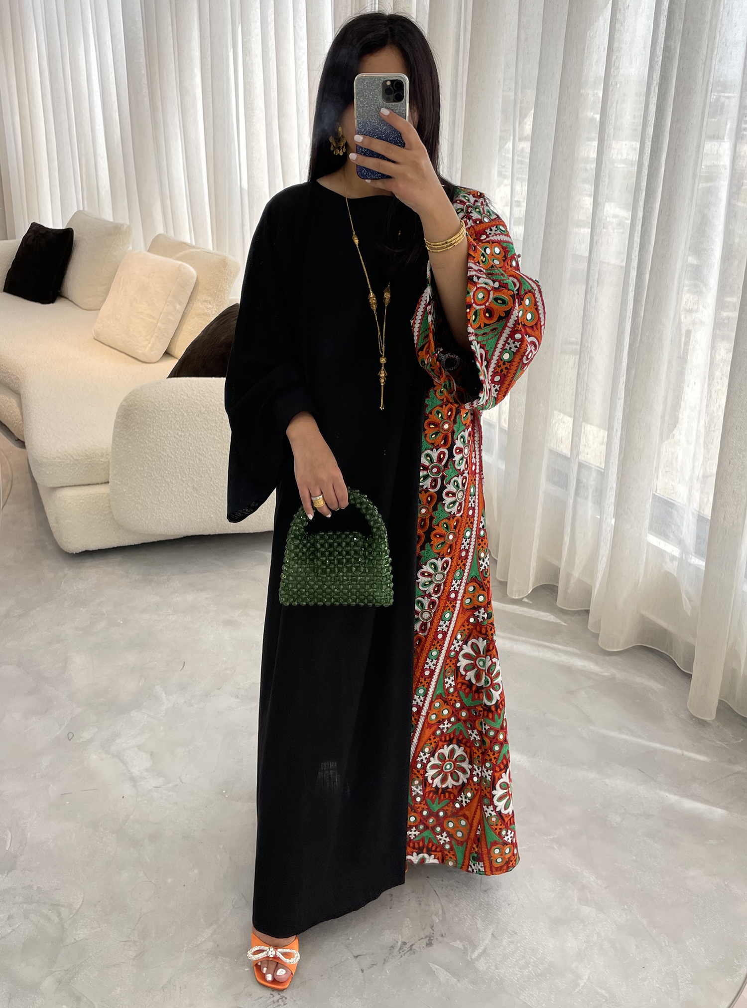 FAB015 Black linen with orange embroidery inspired from the Jordanian ...