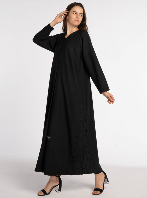 K914BL Black V-Neck Abaya With Curve Shaped Tiny Emblishments on Sides ...